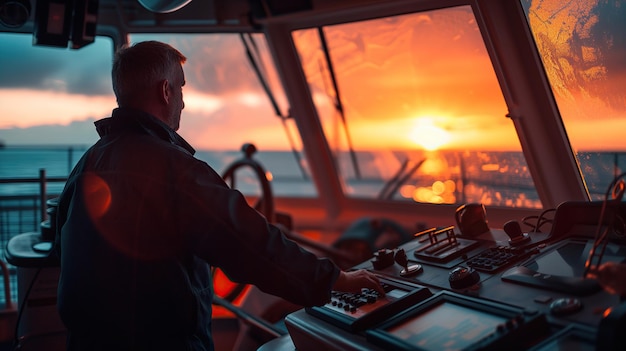 La silueta del capitán del barco observando el horizonte al atardecer desde el puente