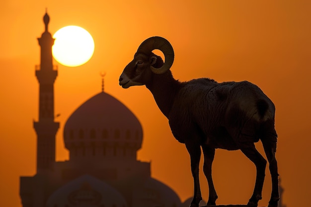 Silueta de un carnero contra una puesta de sol con una mezquita en el fondo