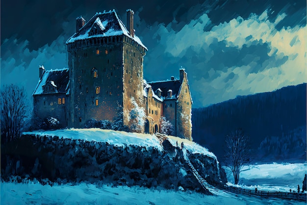 Silueta del castillo en invierno por la noche ilustración