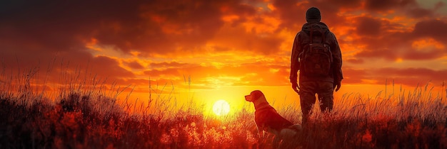silueta de un cazador masculino de pie con un perro en un campo al atardecer en otoño cazando en la naturaleza silvestre