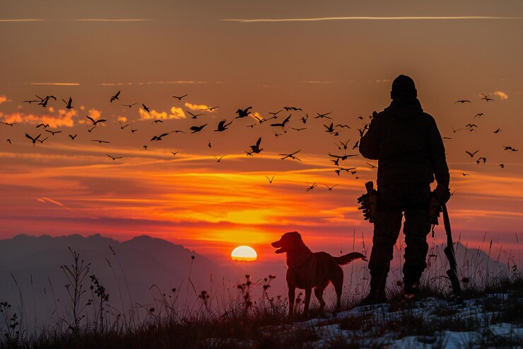Silueta de cazador con perro en la montaña cazando pájaros volando en el cielo al atardecer