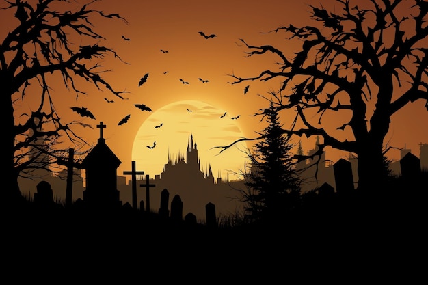 Silueta del cementerio para Halloween al amanecer