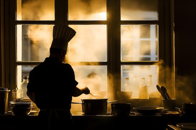 Silueta de un chef cocinando en una escena de cocina humeante con el chef trabajando en un entorno de cocina brumoso