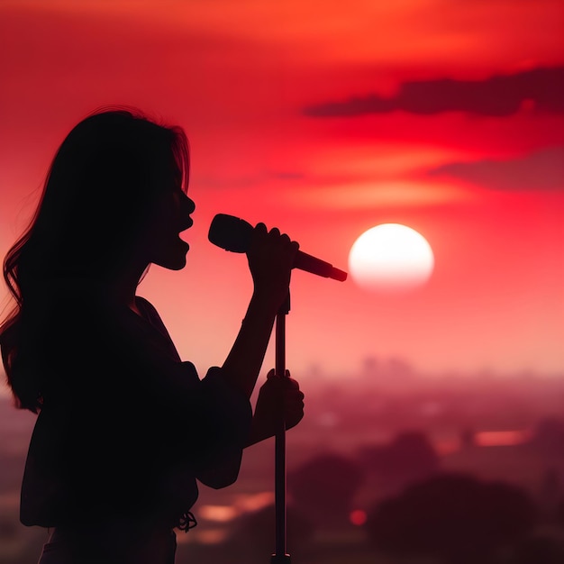 Silueta de una chica cantando en un micrófono contra el fondo de una puesta de sol roja