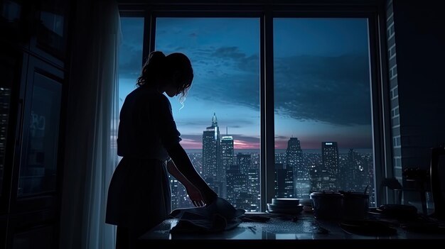 silueta de una chica limpiando el apartamento por la noche