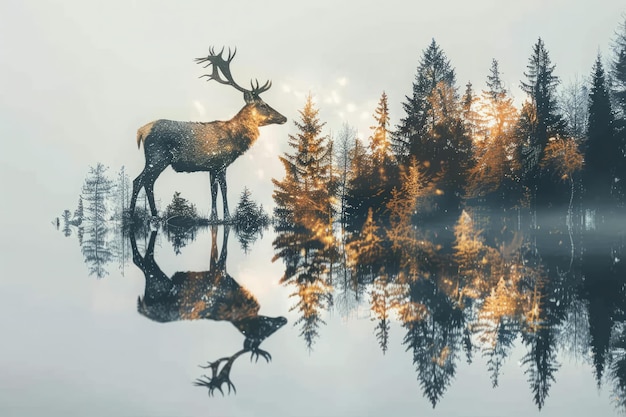 Silueta de ciervo con doble exposición con árboles del bosque
