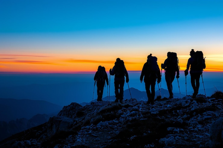 Foto una silueta de cinco excursionistas caminando por la cima de una montaña al anochecer con un cielo azul y una horquilla naranja