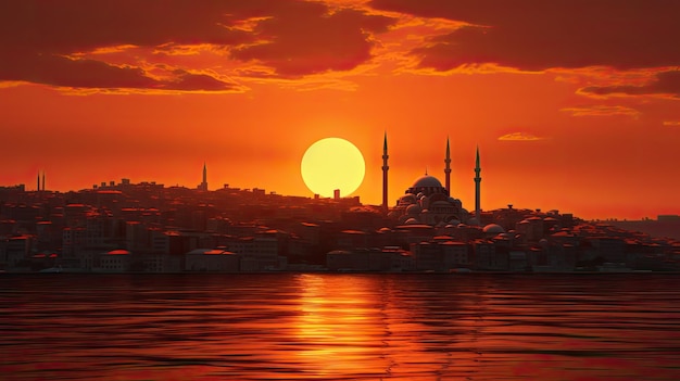 Silueta de la ciudad de Estambul en el horizonte durante una puesta de sol naranja sobre el mar