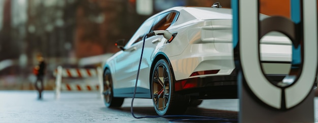 Foto silueta de coche eléctrico ev con carga de batería baja en la estación de carga eléctrica