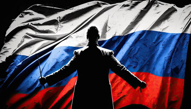 Foto silueta del conductor en el concepto de gestión del país de fondo de la bandera de rusia para una persona