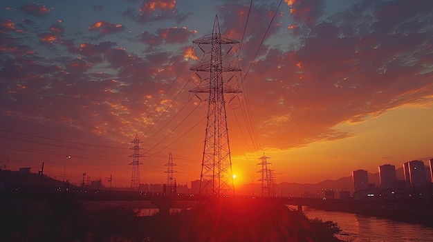 En silueta contra la puesta de sol se encuentra una torre eléctrica de alto voltaje.