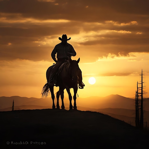 Foto silueta contra el sol poniente montando su fiel caballo en la ia desconocida