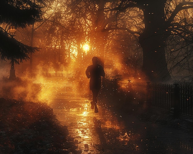 La silueta de los corredores de la mañana temprano contra un amanecer de parque brumoso un movimiento de corredores se difumina en el amanecer