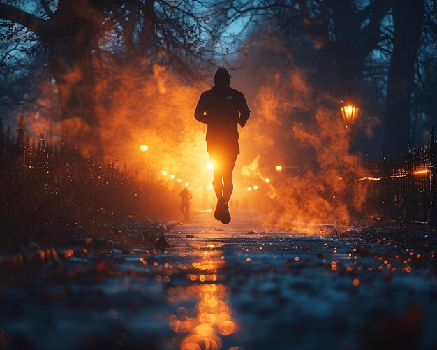 Foto la silueta de los corredores de la mañana temprano contra un amanecer de parque brumoso un movimiento de corredores se difumina en el amanecer