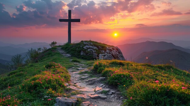 La silueta de la cruz contra la puesta de sol en la cima de una colina