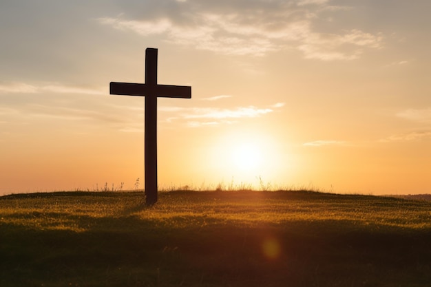 Silueta de la cruz cristiana en la hierba en el fondo del amanecer Generativo Ai