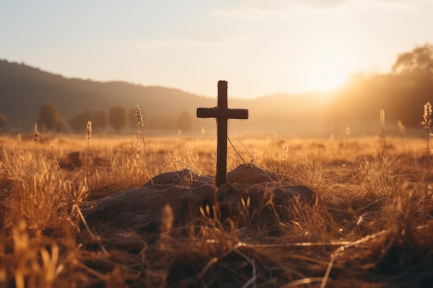 Silueta de la cruz cristiana en la hierba en el fondo del amanecer Generativo Ai