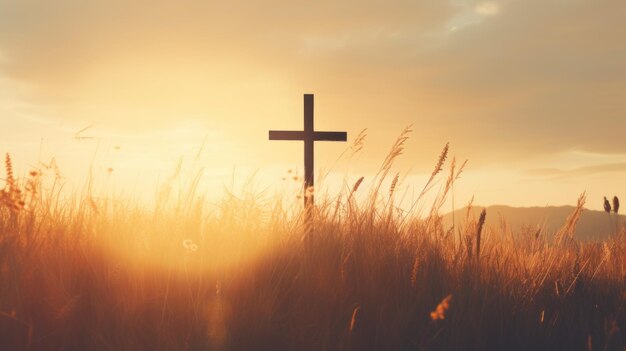 Silueta de la cruz cristiana en la hierba en el fondo del amanecer