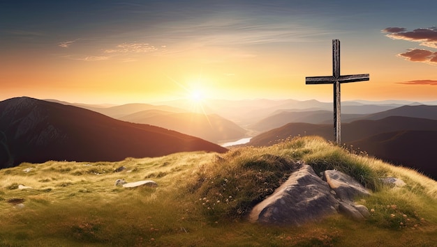 Silueta cruzada en la cima de una montaña con un fondo de puesta de sol IA generativa