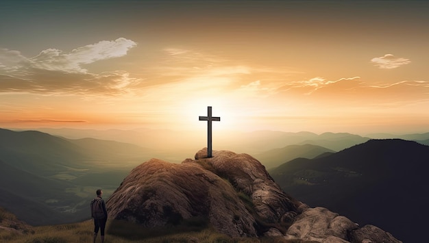 Silueta cruzada en la cima de una montaña con un fondo de puesta de sol IA generativa