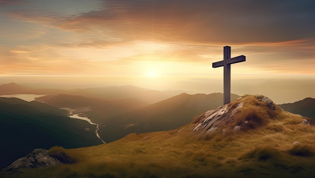 Silueta cruzada en la cima de una montaña con un fondo de puesta de sol IA generativa