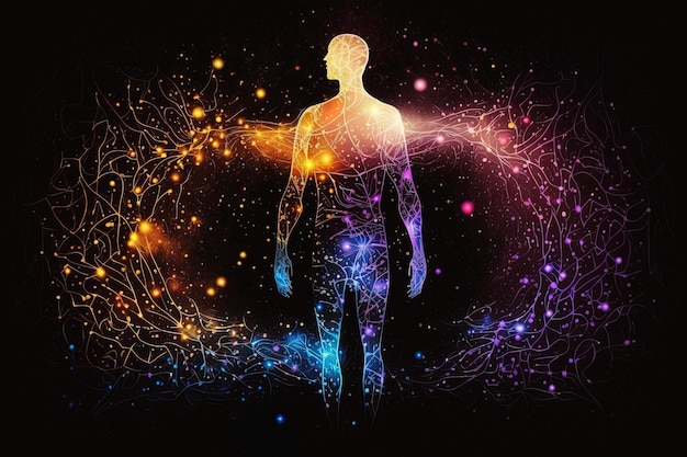 Silueta de cuerpo astral con fondo de espacio abstracto Concepto de meditación y vida espiritual esotérica Más allá y conexión con otros mundos Creado con IA generativa