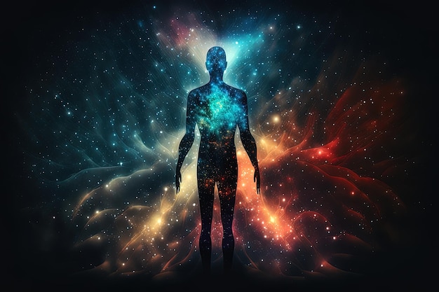 Silueta de cuerpo astral con fondo de espacio abstracto Concepto de meditación y vida espiritual esotérica Más allá y conexión con otros mundos Creado con IA generativa