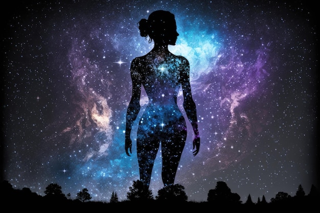 Silueta del cuerpo con el espacio y el fondo de la galaxia vida espiritual y creencia de la vía láctea