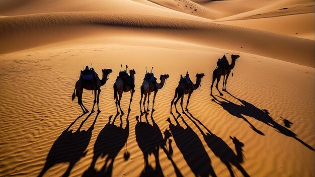 Silueta de caravana de camelos em dunas do deserto