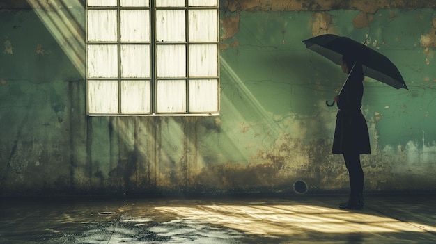 Silueta de figura solitária com guarda-chuva atmosfera temperamental com luz e sombra