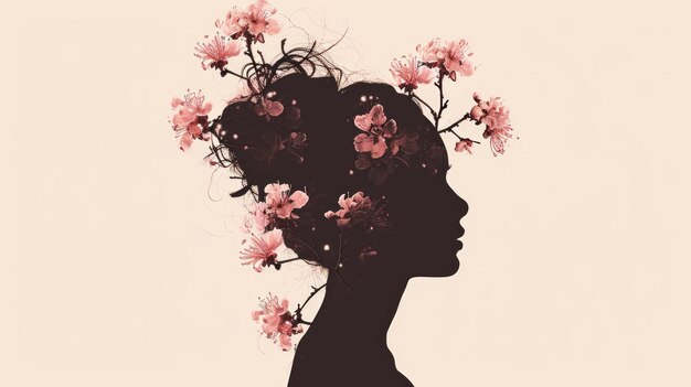 Silueta de mulher com cabelo adornado com flores