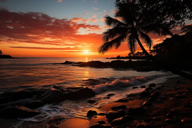 Foto silueta de palmeiras ao lado do mar sob um céu laranja generativo ia