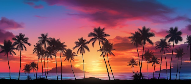Silueta de palmeiras contra o radiante nascer do sol tropical