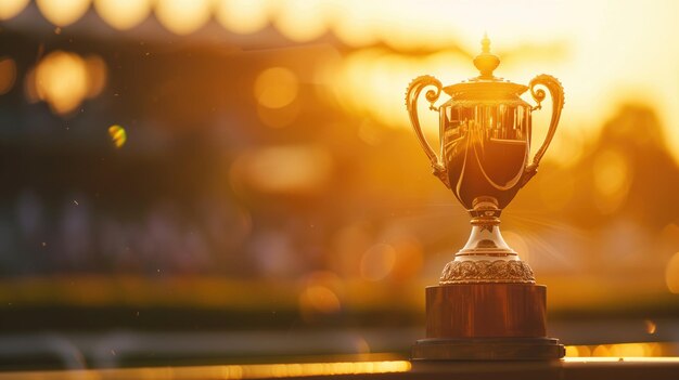 Silueta de troféu brilhante contra um pôr-do-sol que simboliza o sucesso, a realização e a busca da excelência