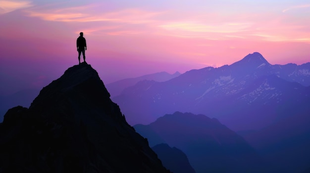Silueta de um alpinista no pico ao pôr-do-sol