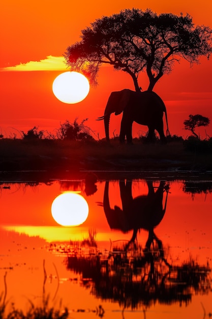 Silueta de um elefante africano ao pôr-do-sol