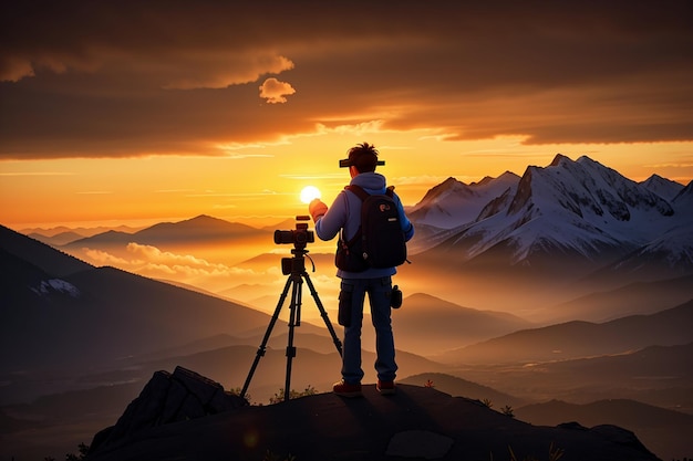 Silueta de um fotógrafo que fotografa um pôr do sol nas montanhas