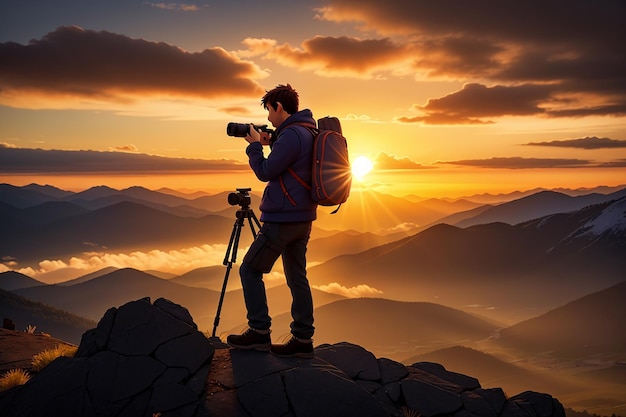 Silueta de um fotógrafo que fotografa um pôr do sol nas montanhas