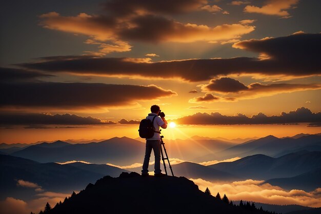 Silueta de um fotógrafo que fotografa um pôr do sol nas montanhas