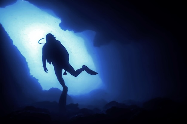 Silueta de um mergulhador em uma caverna subaquática