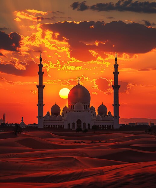 Foto silueta de um pôr-do-sol de uma grande mesquita erguida sobre as areias do deserto