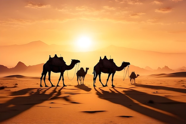 Silueta de uma caravana de camelos no deserto ao pôr-do-sol