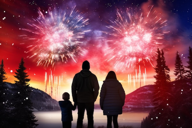 Foto silueta de uma família a ver fogos de artifício