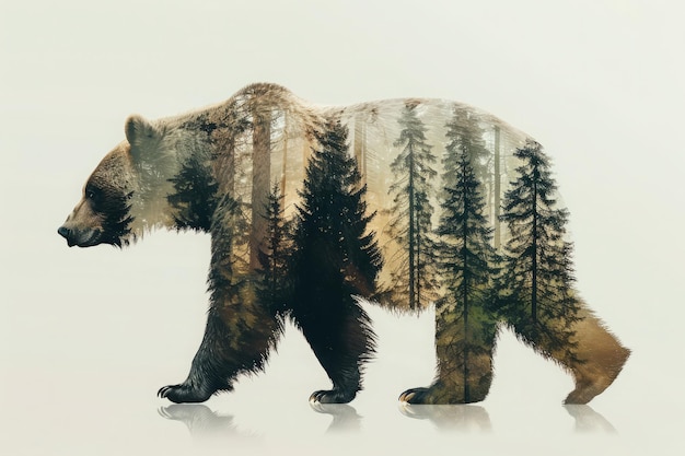 Silueta de urso com dupla exposição com árvores da floresta