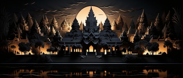 Foto silueta detalhada de um templo khmer com esculturas intrincadas em um fundo preto da meia-noite