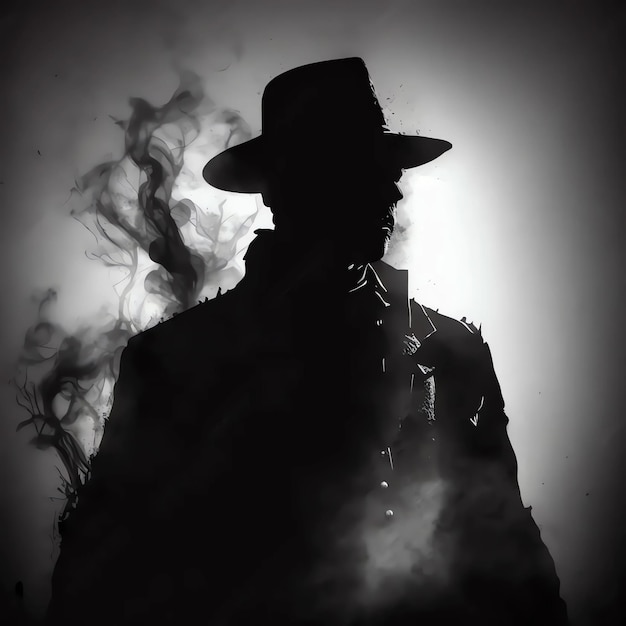 Foto silueta de un detective privado en un sombrero anticuado en el humo gángster o vaquero del salvaje oeste crimen policial en blanco y negro ai generativo