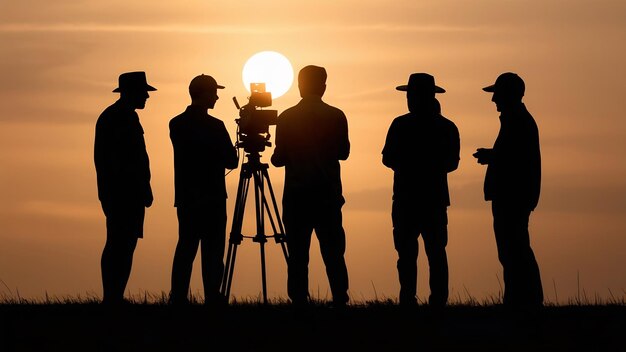 Silueta detrás de las escenas del camarógrafo y el equipo de producción hablando sobre el ángulo de disparo