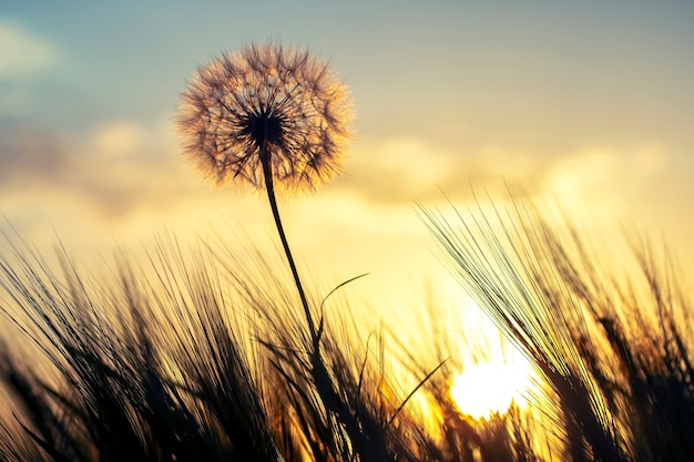 Silueta de un diente de león en el fondo de una puesta de sol soleada en un campo de hierba. Naturaleza y flores silvestres.