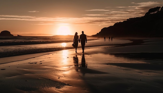 Silueta de dos adultos caminando en la playa generada por IA