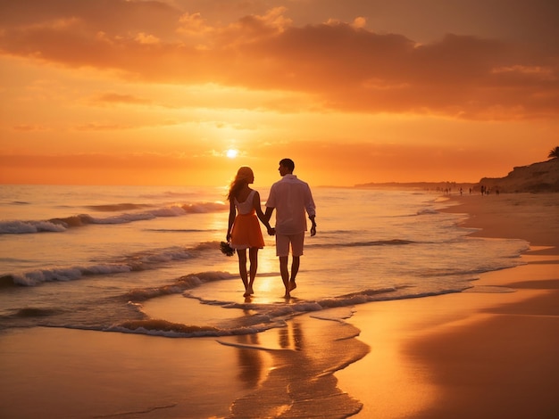 Una silueta de dos amigos caminando de la mano a lo largo de una playa al atardecer